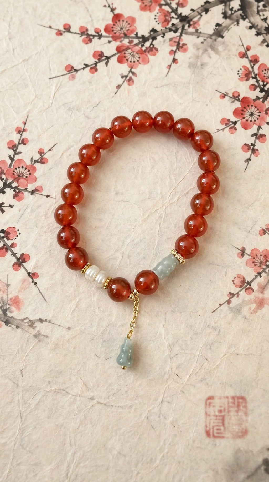 Natural Red Agate & Blue Water Jade Hulu Charm Bracelet