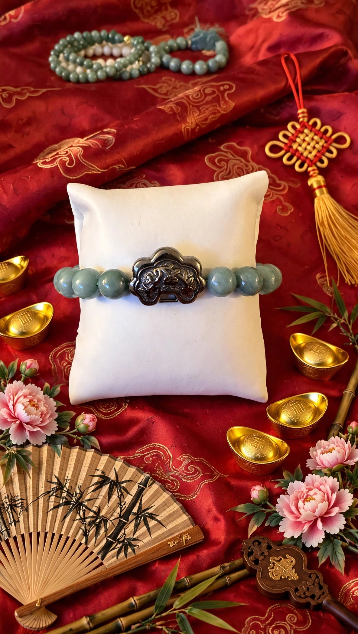 Sovereign Grace: Natural Blue Water Jade 10 mm Bracelet with Gunmetal Ruyi