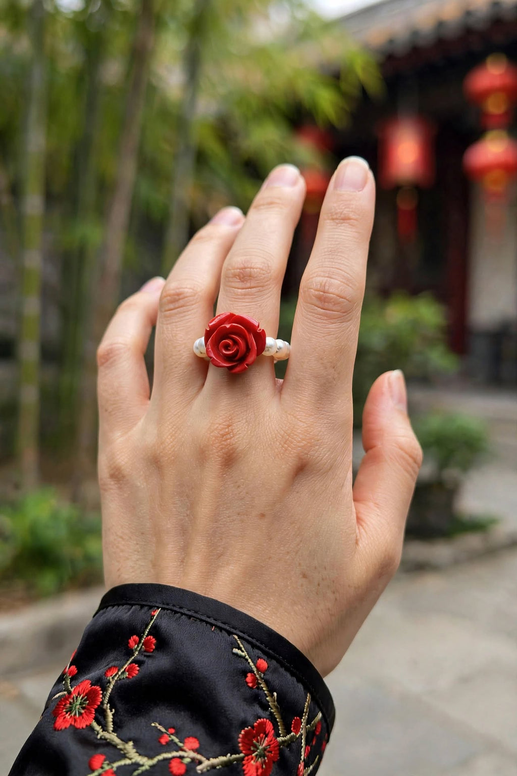 Freshwater Pearl & Cinnabar Rose Beaded Ring