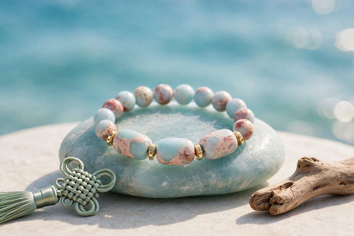 Natural Aqua Terra Jasper Triple-Barrel & Hematite Accent Bracelet