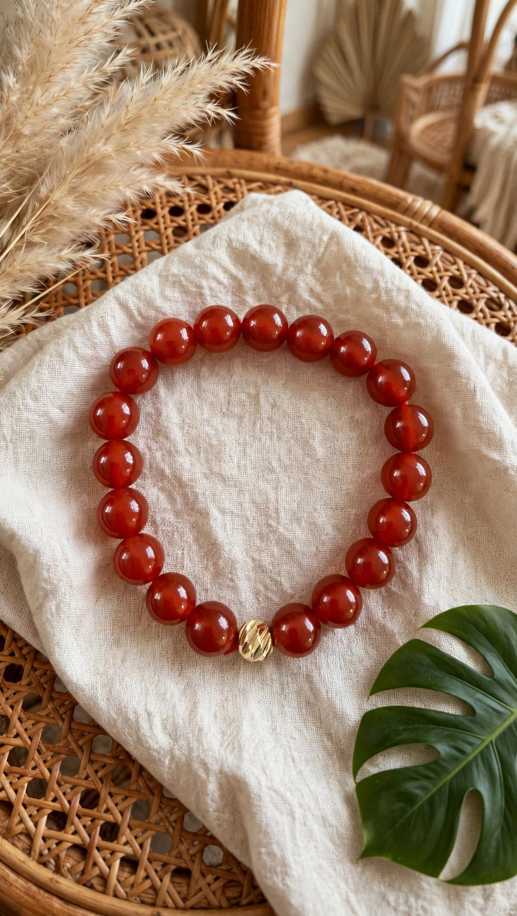 Red Carnelian & Gold Accent Bead Bracelet