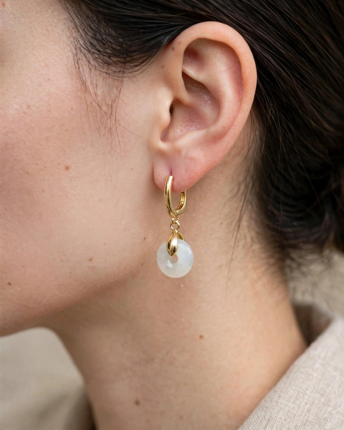 Burmese Jadeite Donut U-Hoop Earrings in 18K Plated Gold