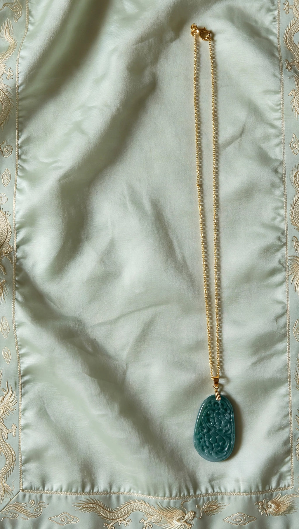 Oval Blue Water Jade Floral Carved Pendant Necklace