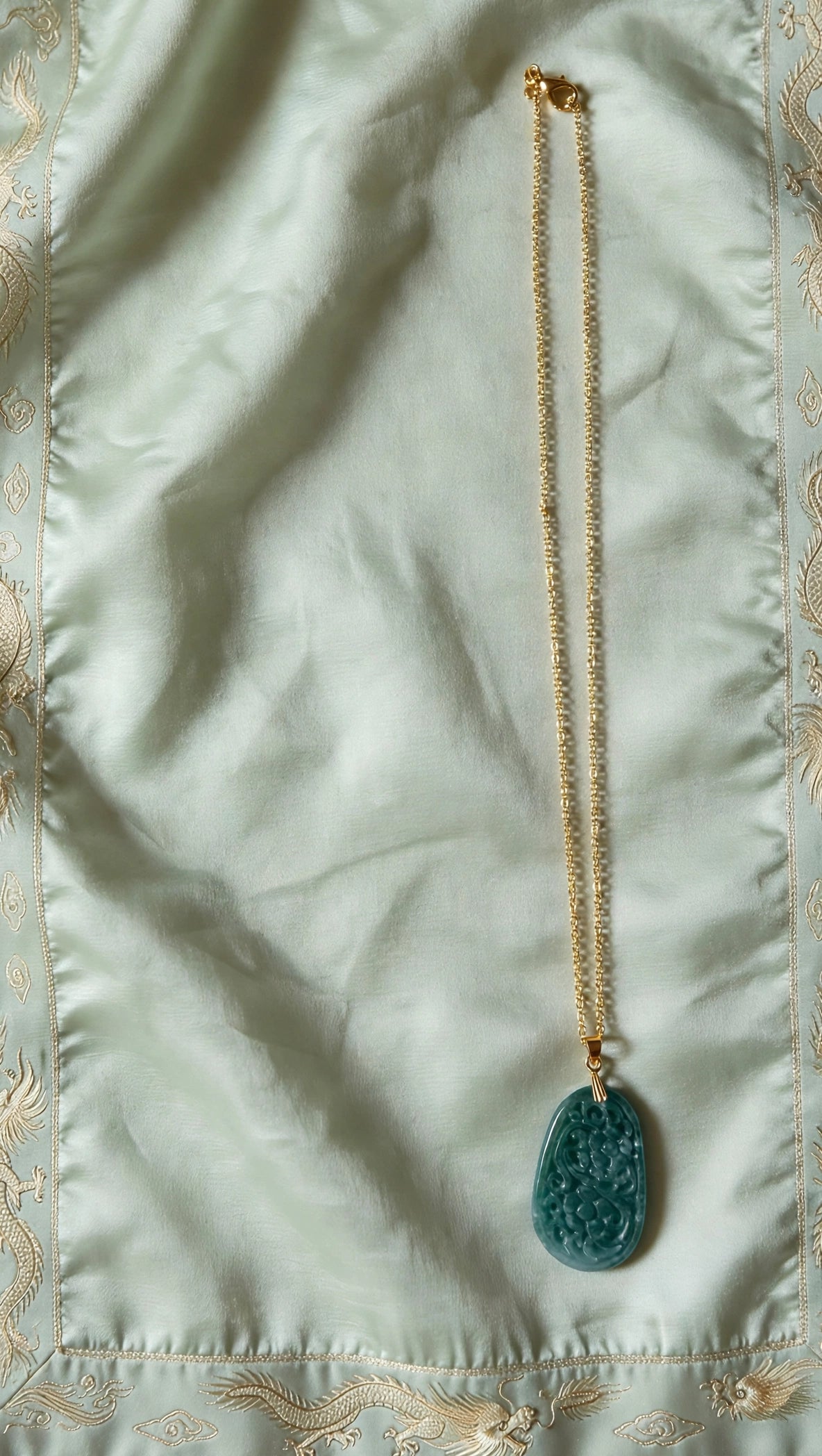 Oval Blue Water Jade Floral Carved Pendant Necklace