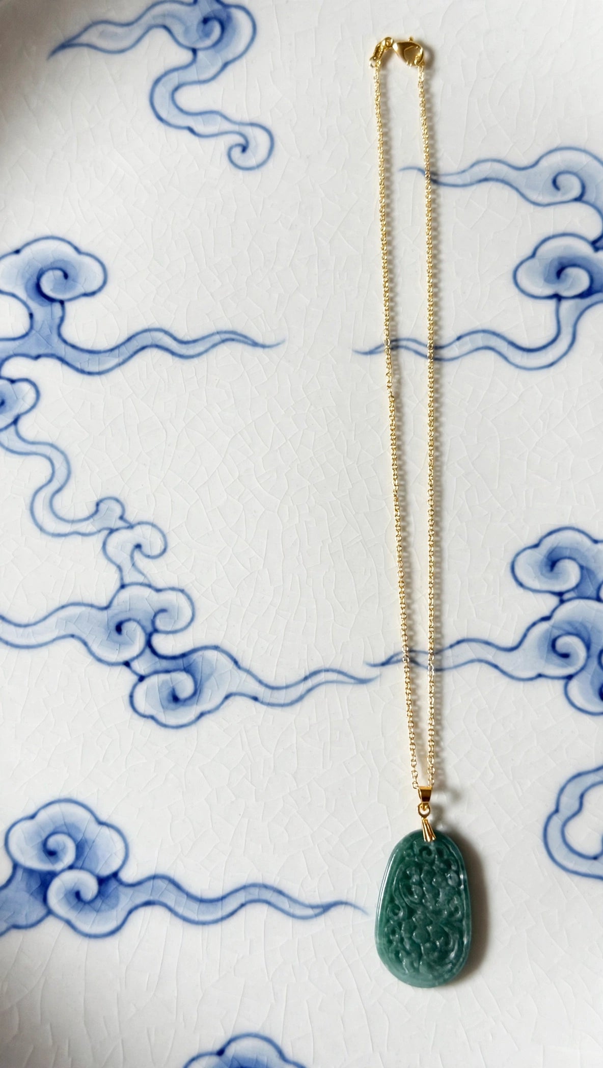 Oval Blue Water Jade Floral Carved Pendant Necklace