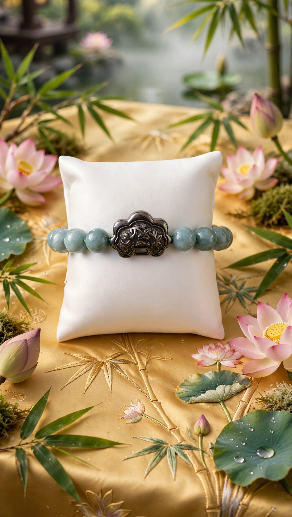 Sovereign Grace: Natural Blue Water Jade 10 mm Bracelet with Gunmetal Ruyi