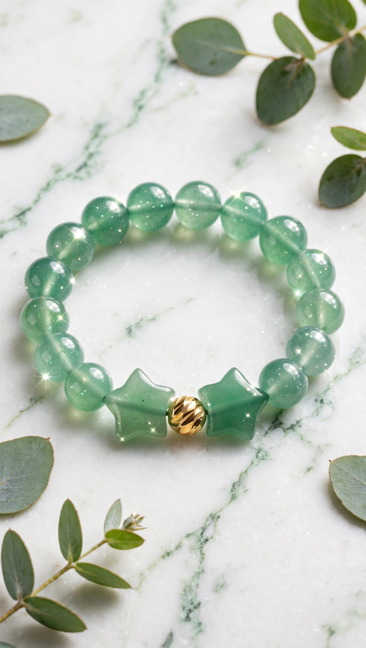 Green Aventurine Bracelet with Double Stars & 18K Gold Filled Bead.