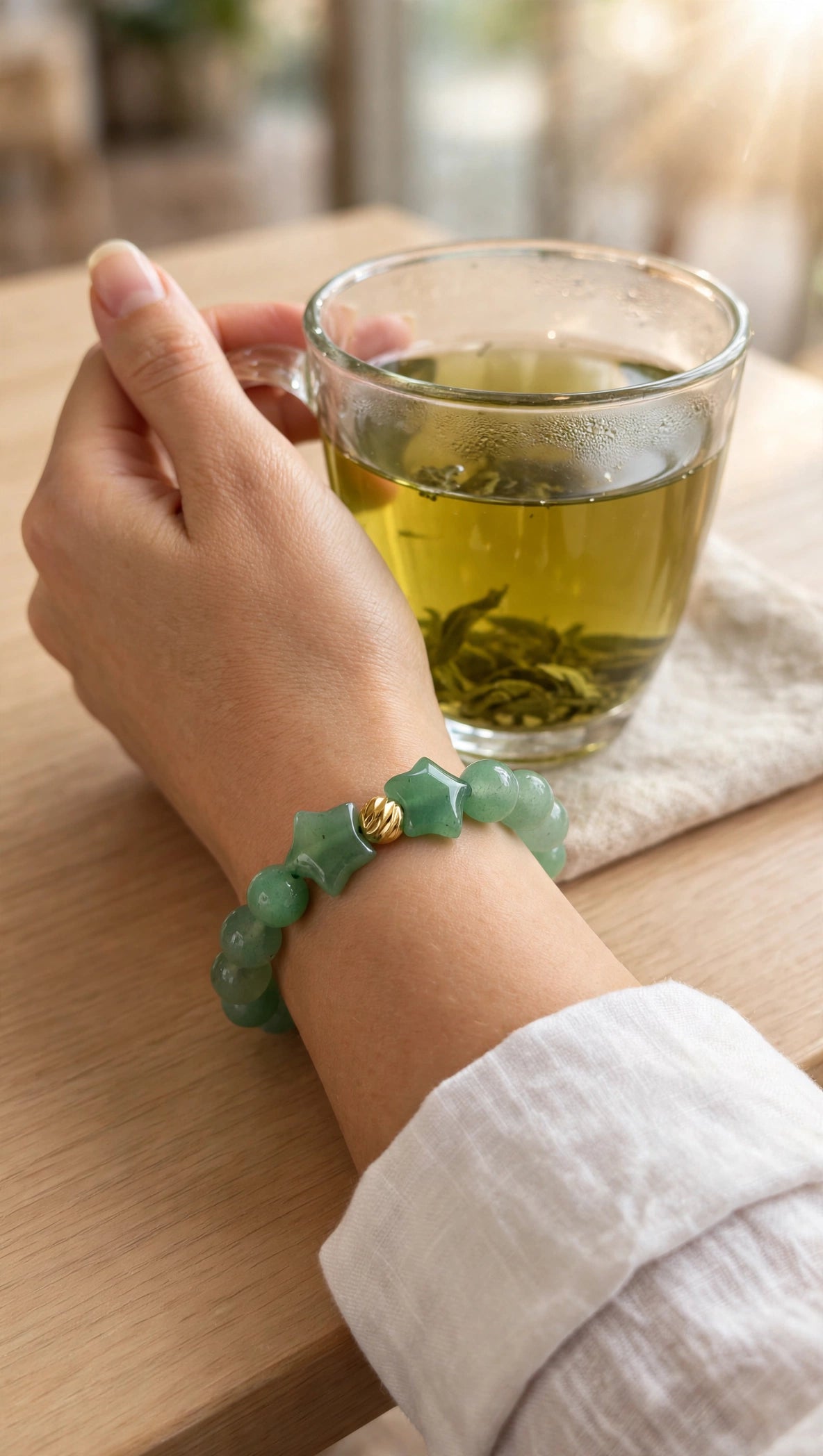 Green Aventurine Bracelet with Double Stars & 18K Gold Filled Bead.