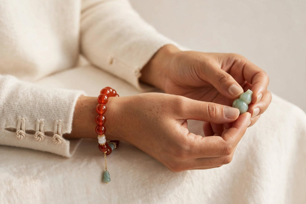 Natural Red Agate & Blue Water Jade Hulu Charm Bracelet