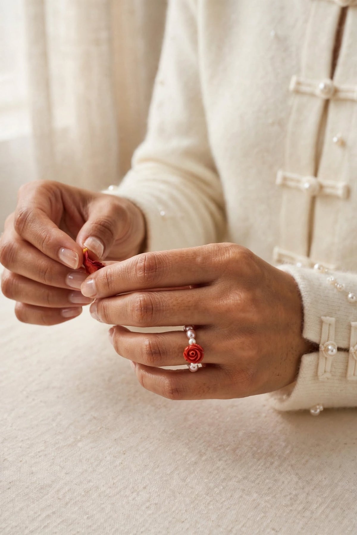 Freshwater Pearl & Cinnabar Rose Beaded Ring