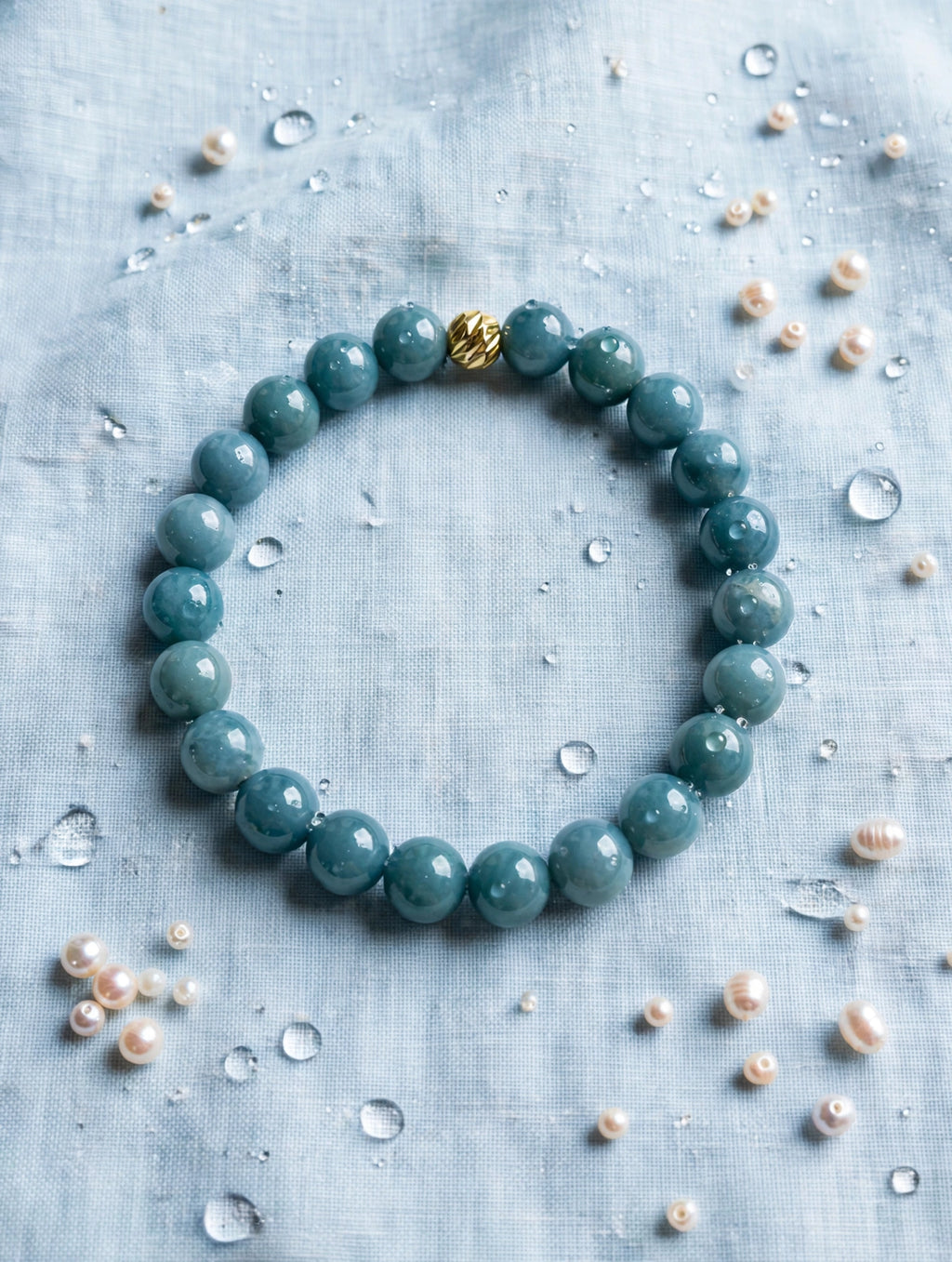 Oceanic Luxury: Blue Water Jade & 18 K Filled Gold Accent Bracelet