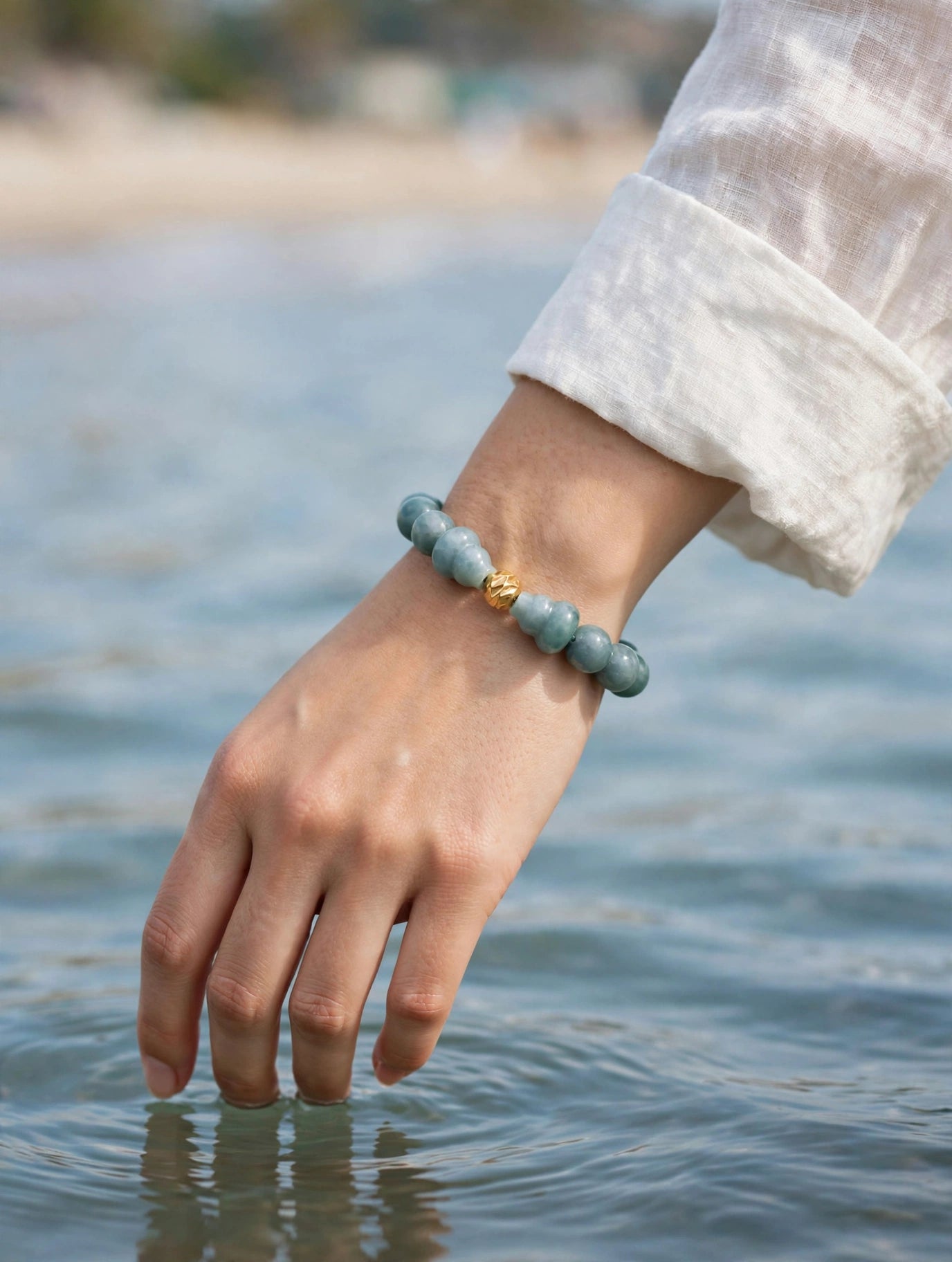 Oceanic Luxury: Blue Water Jade & 18 K Filled Gold Accent Bracelet