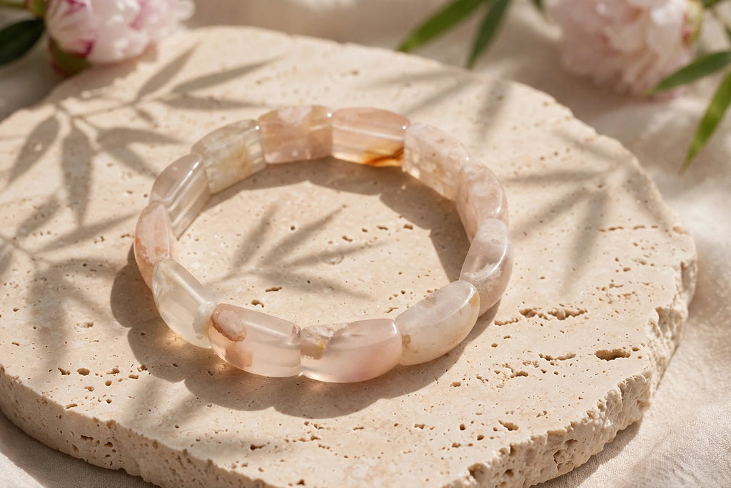 Natural Sakura Agate Rectangular Soft Bangle Bracelet