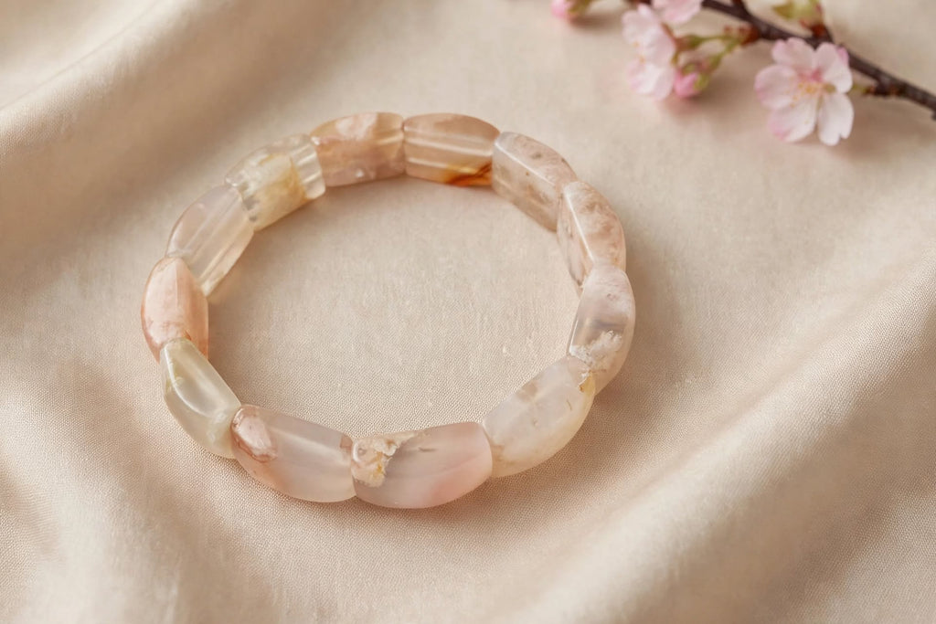 Natural Sakura Agate Rectangular Soft Bangle Bracelet