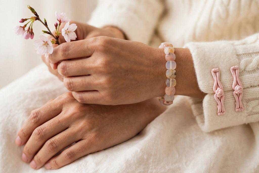 Natural Sakura Agate Oval Soft Bangle Bracelet