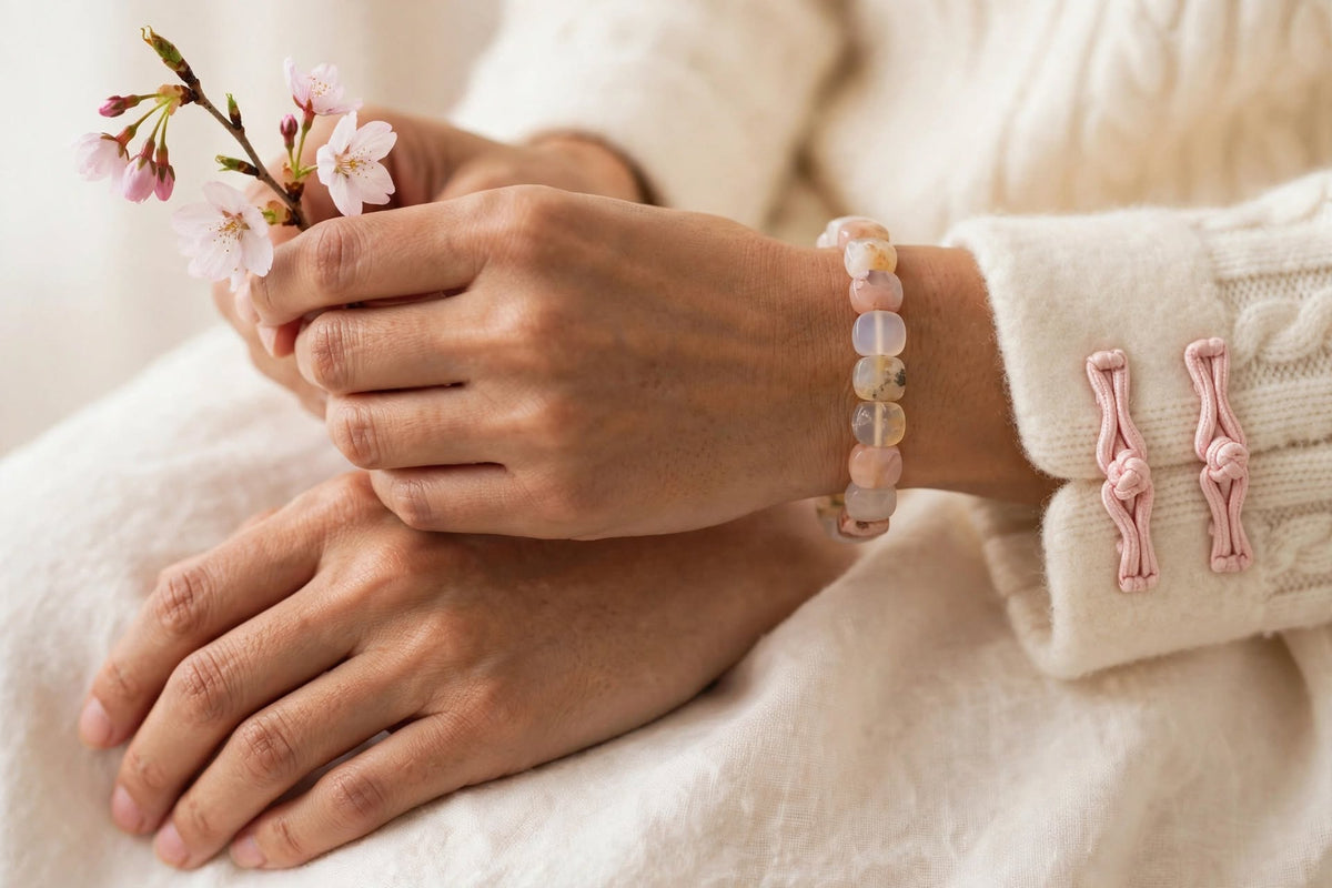 Natural Sakura Agate Oval Soft Bangle Bracelet