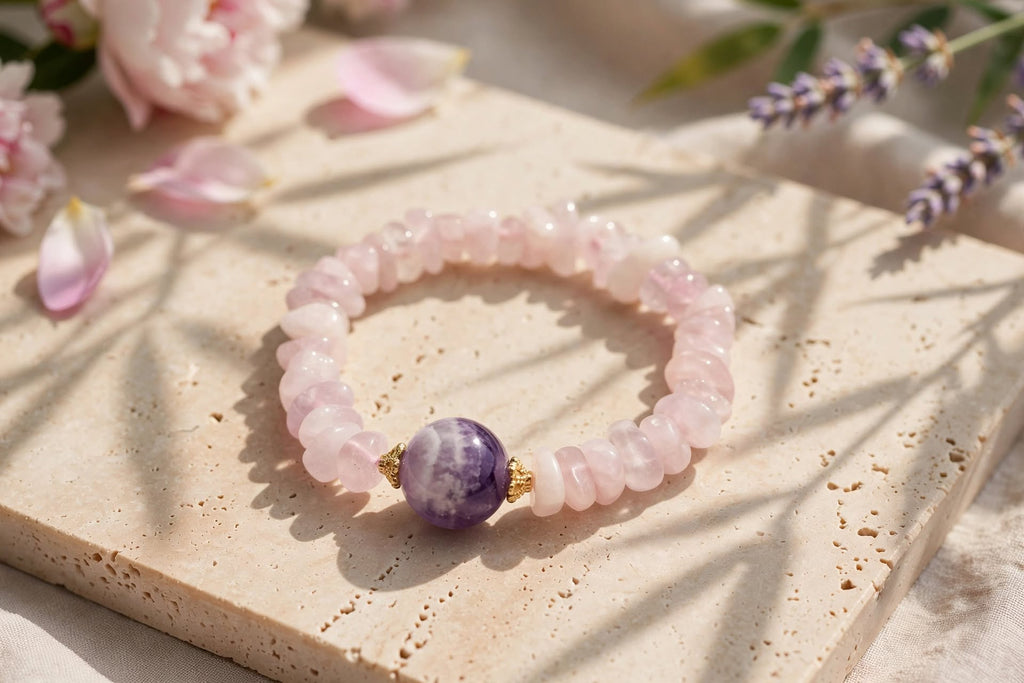 Natural Rose Quartz Chip Bracelet with Amethyst Focal Bead