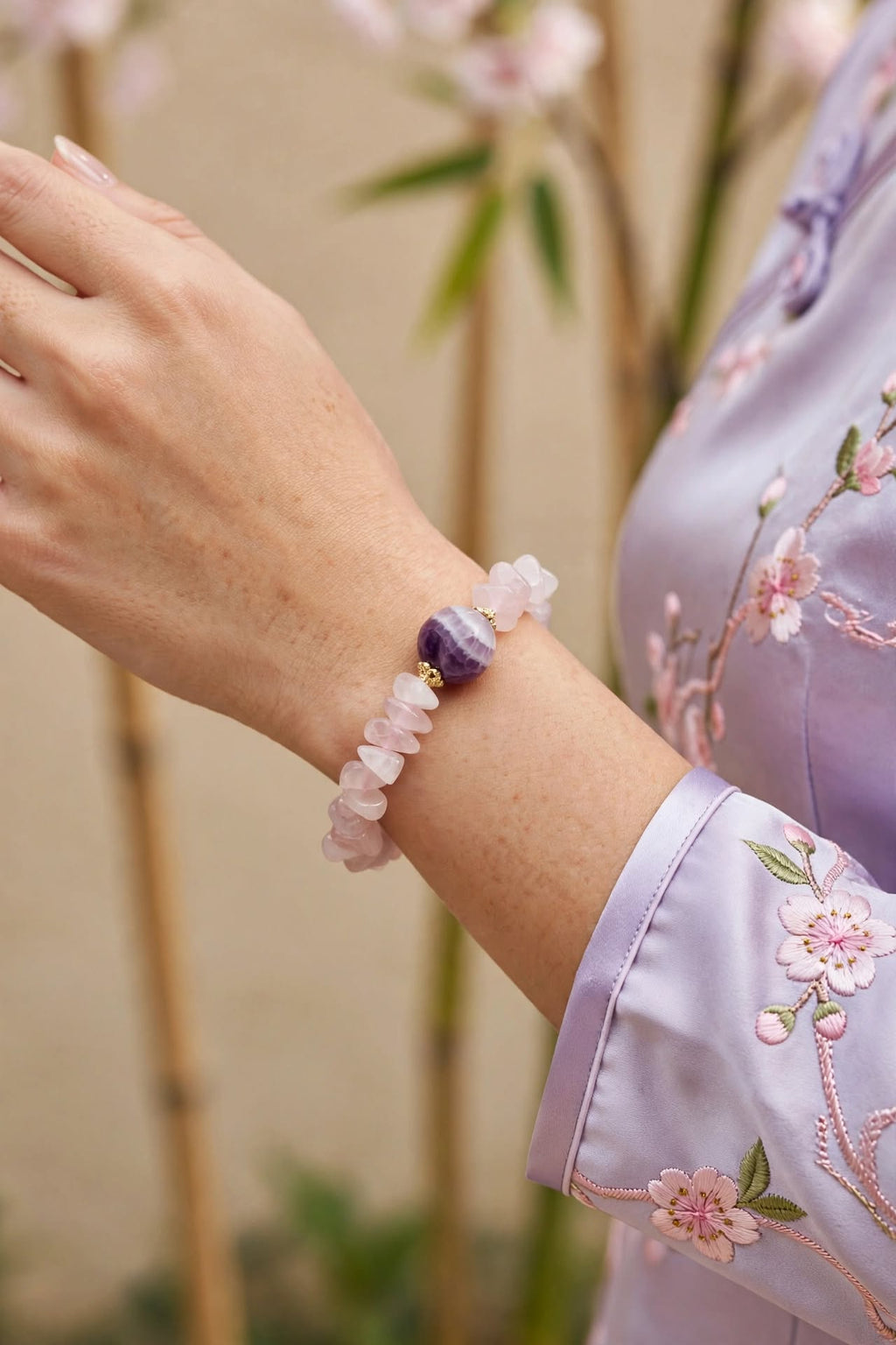 Natural Rose Quartz Chip Bracelet with Amethyst Focal Bead