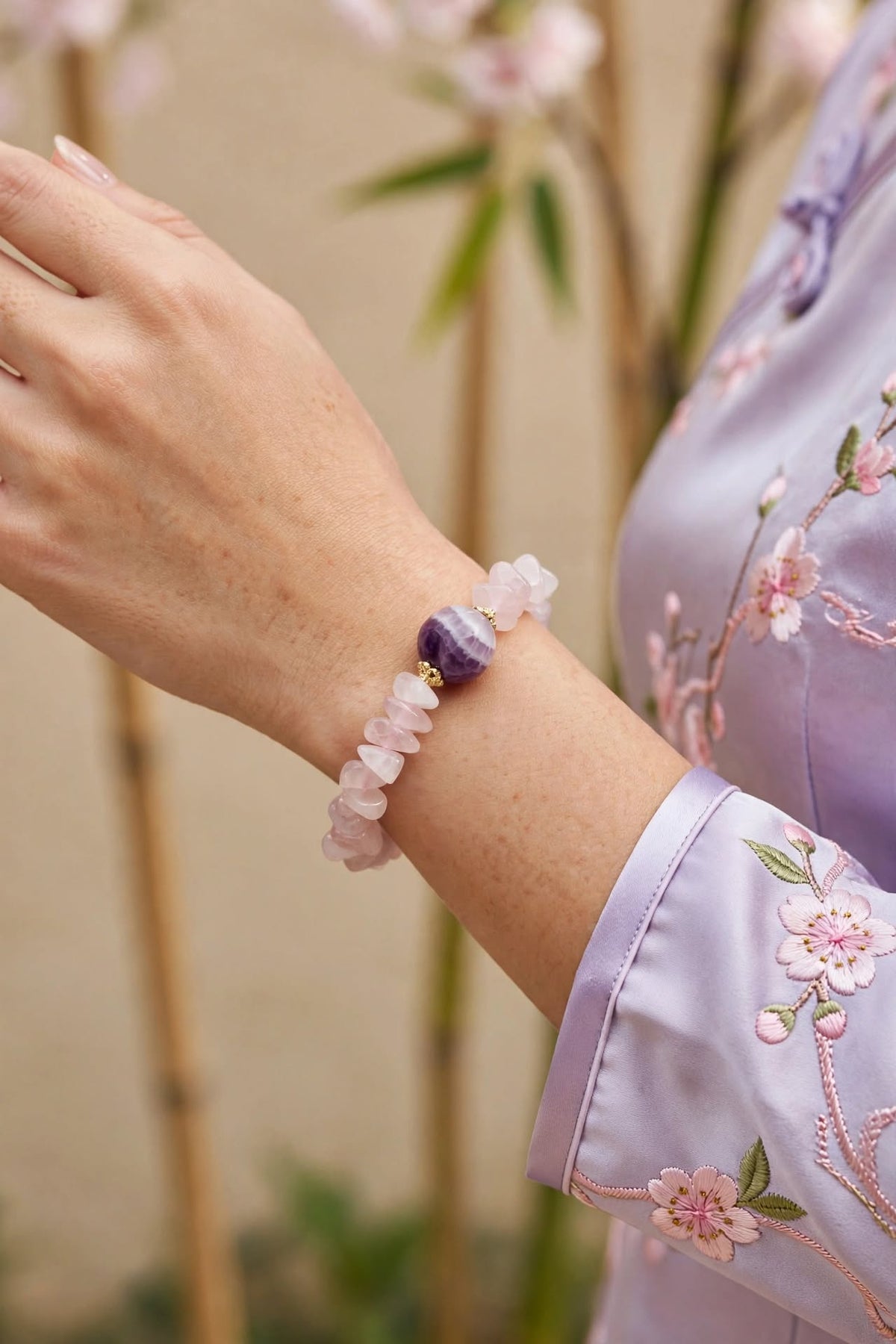 Natural Rose Quartz Chip Bracelet with Amethyst Focal Bead