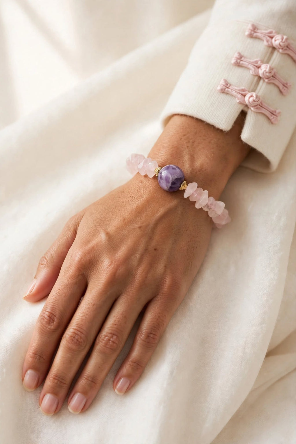 Natural Rose Quartz Chip Bracelet with Amethyst Focal Bead