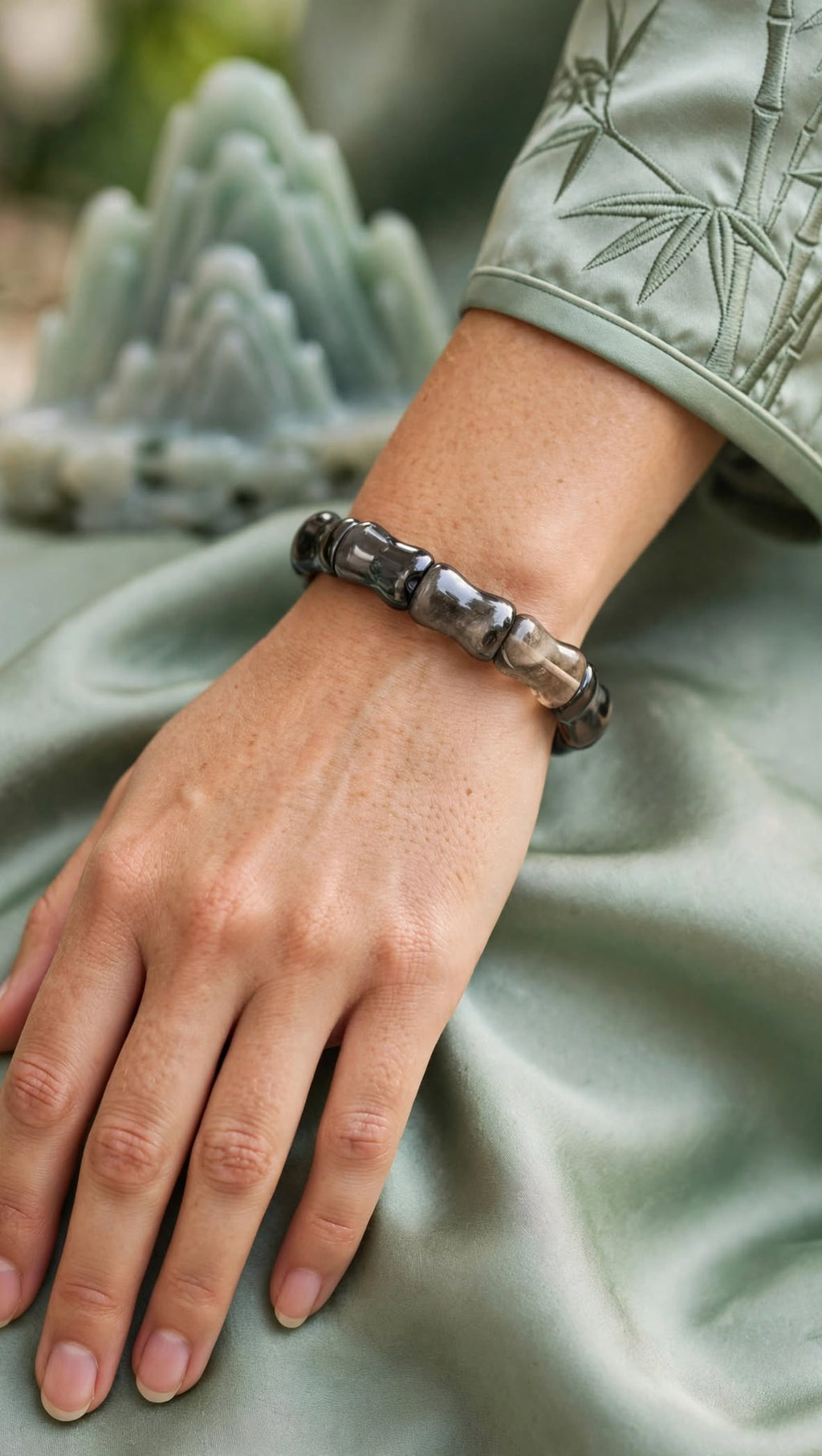 Natural Silver Sheen Obsidian Bamboo Soft Bangle Bracelet