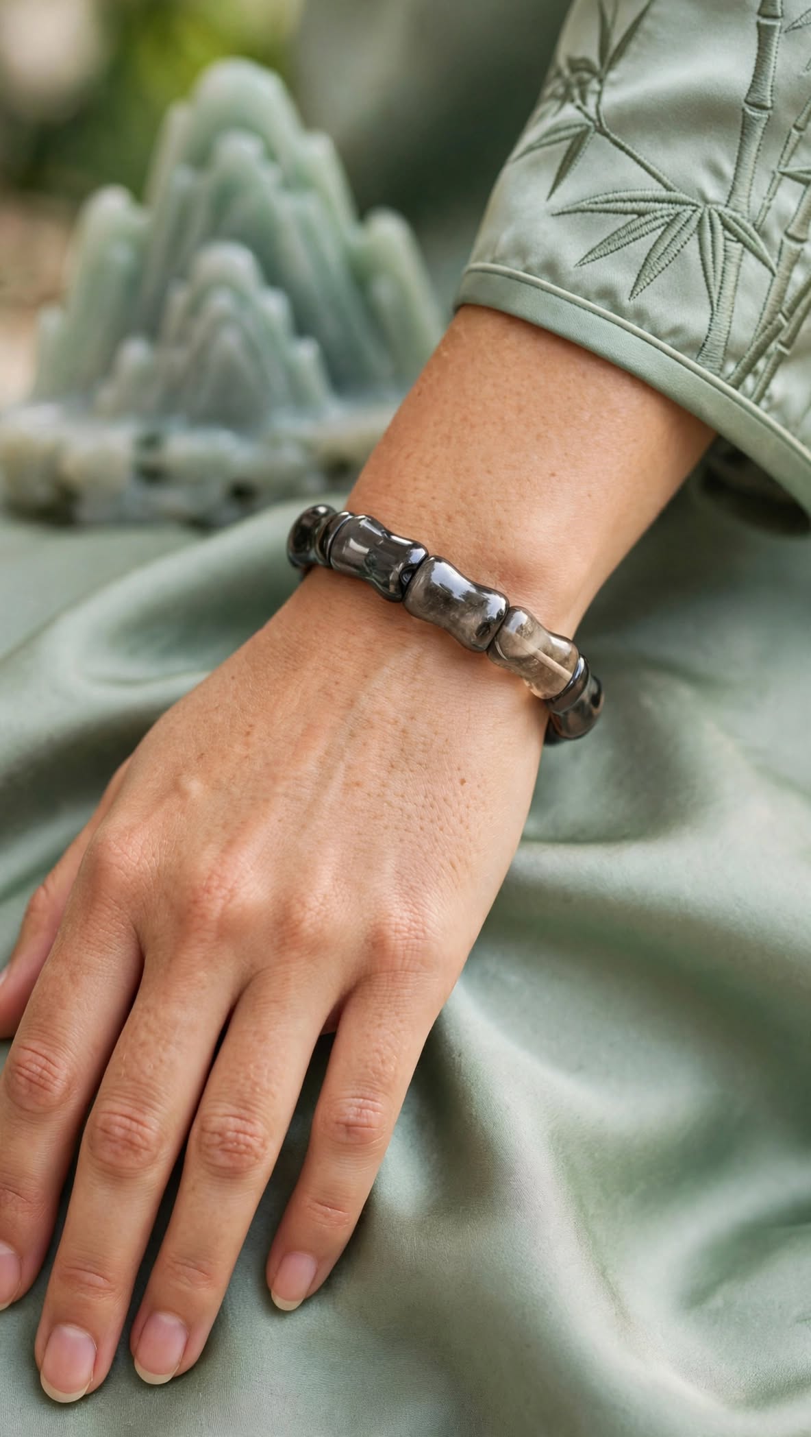 Natural Silver Sheen Obsidian Bamboo Soft Bangle Bracelet