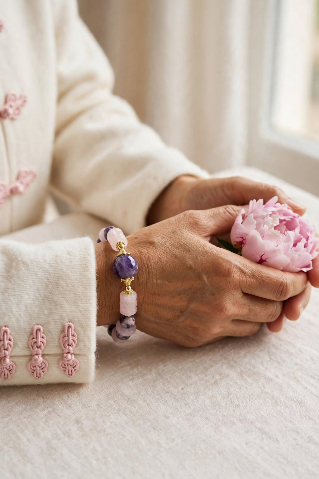 Natural Amethyst & Rose Quartz Lantern Focal Bracelet