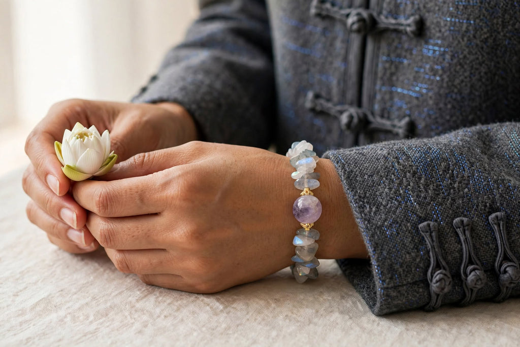 Natural Labradorite Chunky Chip Bracelet with Rose Quartz Focal Bead