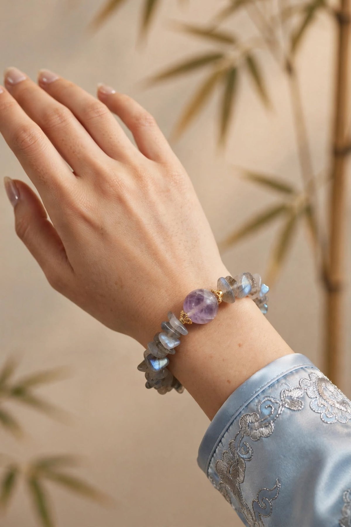 Natural Labradorite Chunky Chip Bracelet with Rose Quartz Focal Bead