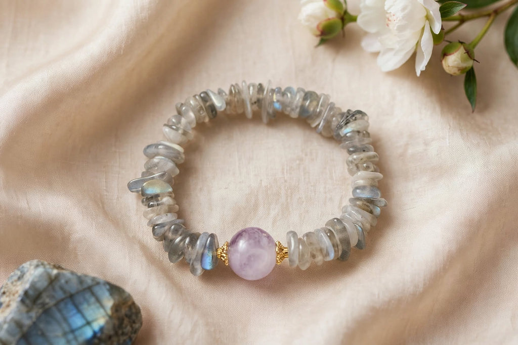 Natural Labradorite Chunky Chip Bracelet with Rose Quartz Focal Bead