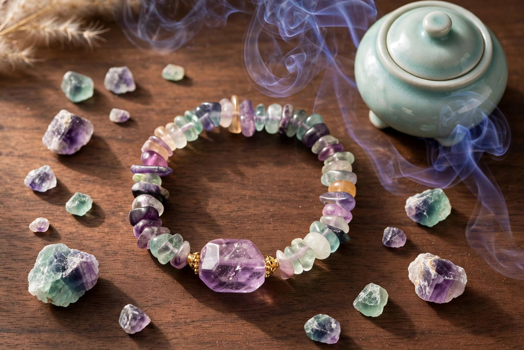Natural Fluorite Chunky Chip Bracelet with Lavender Amethyst Focal Stone