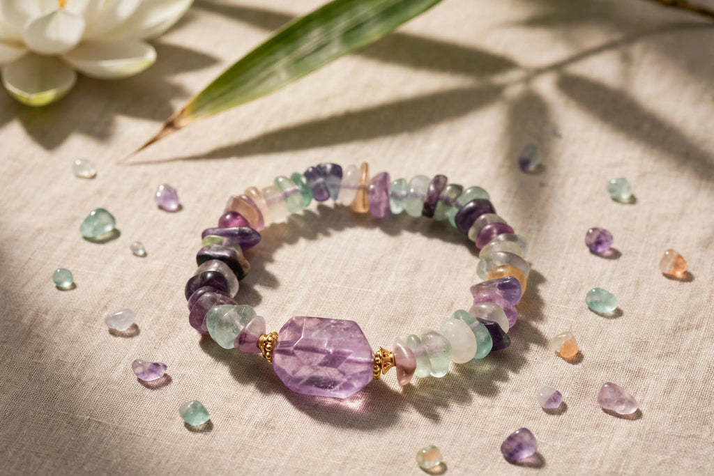 Natural Fluorite Chunky Chip Bracelet with Lavender Amethyst Focal Stone