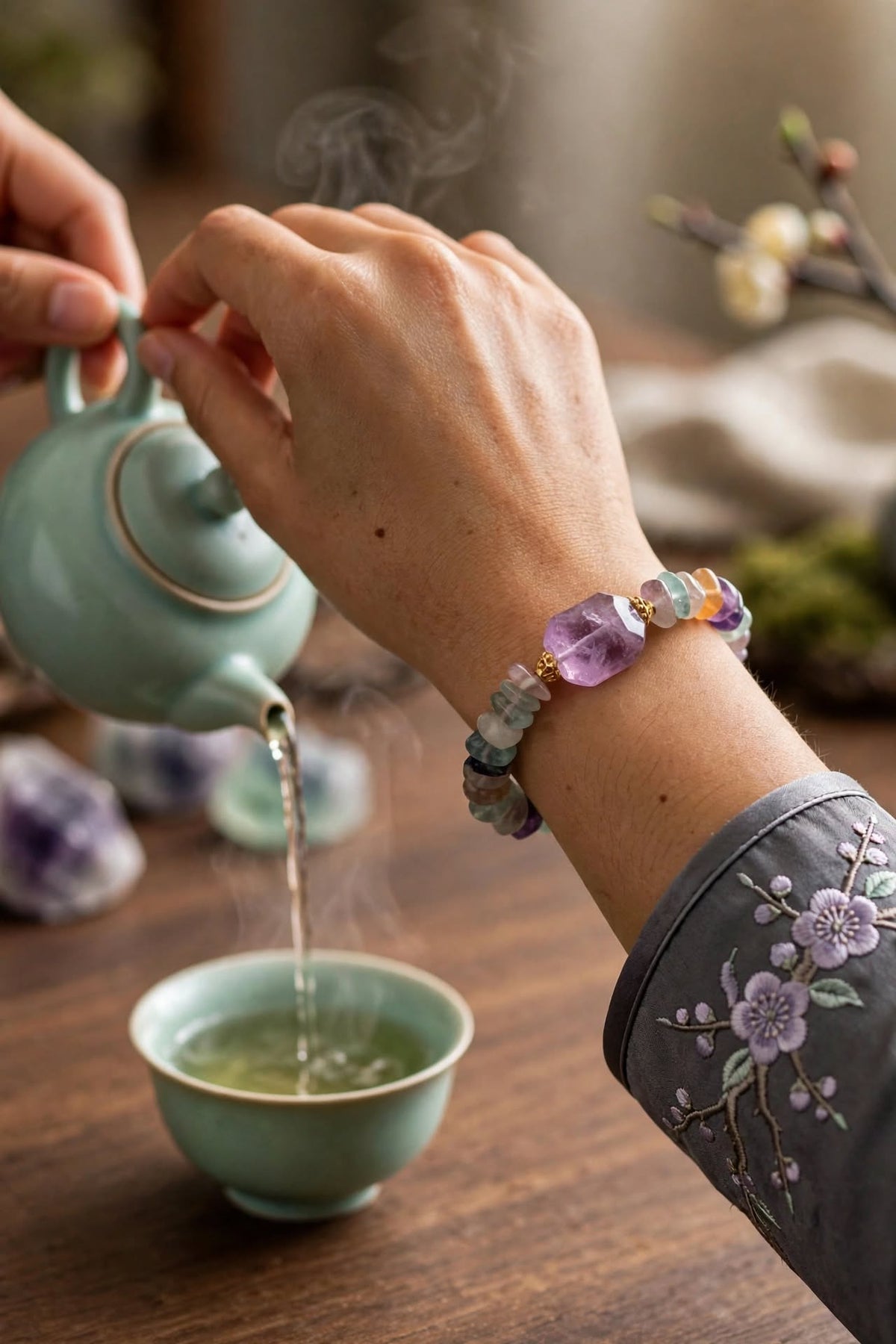 Natural Fluorite Chunky Chip Bracelet with Lavender Amethyst Focal Stone