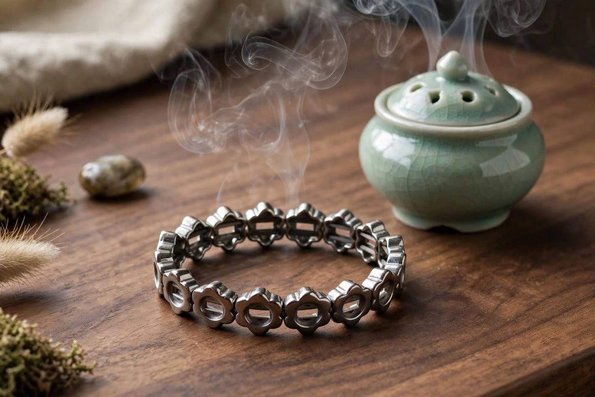 Natural Hematite Carved Floral Soft Bangle Bracelet