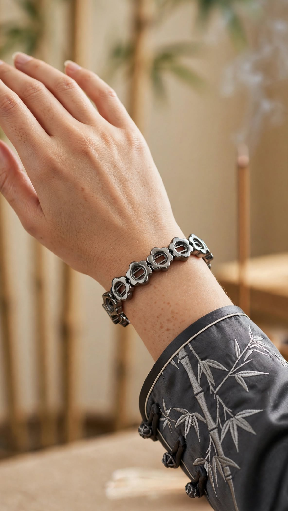 Natural Hematite Carved Floral Soft Bangle Bracelet