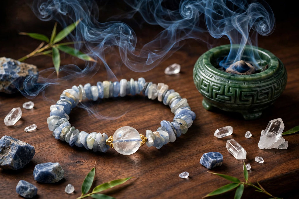 Natural Sodalite Chunky Chip Bracelet with Clear Quartz Focal Bead