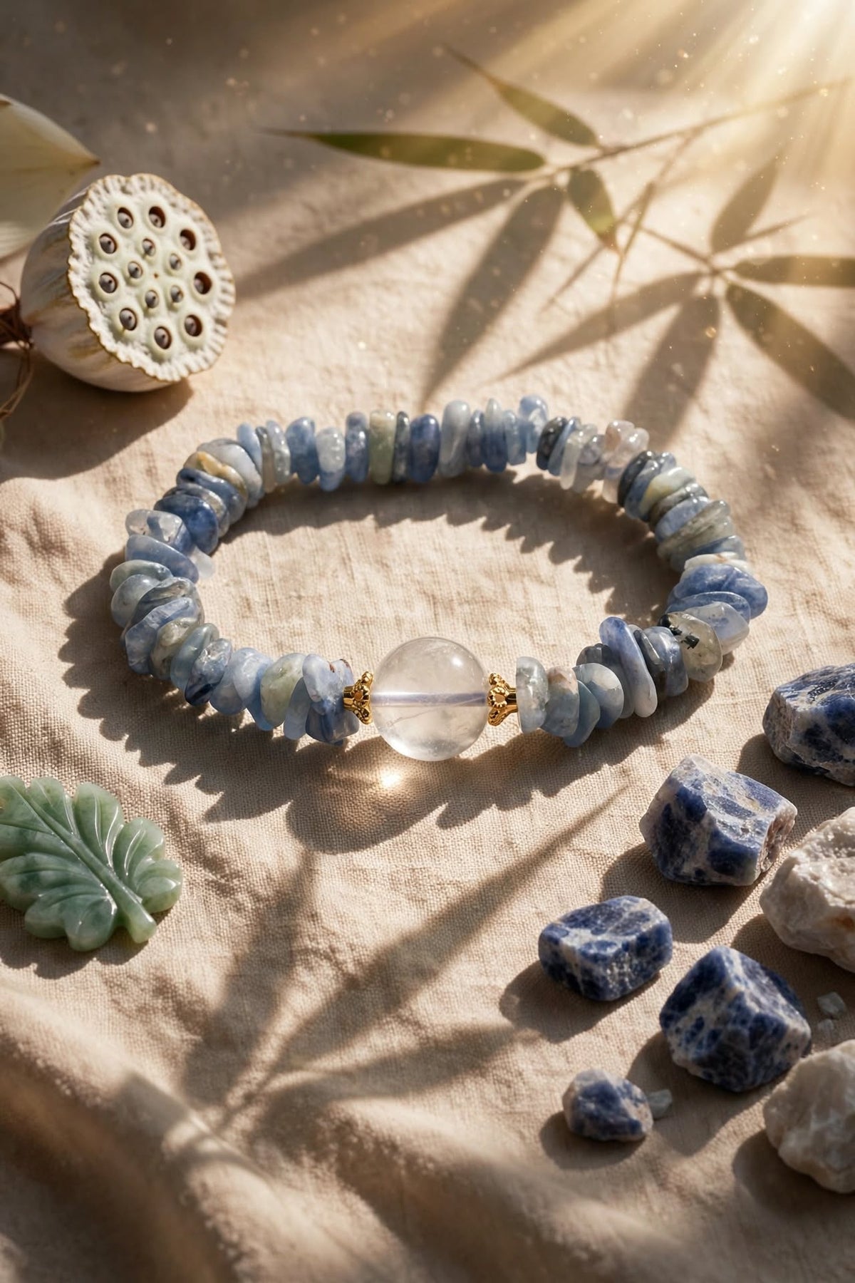 Natural Sodalite Chunky Chip Bracelet with Clear Quartz Focal Bead