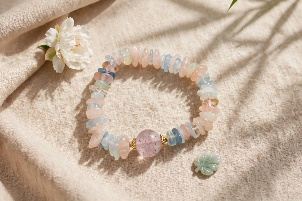 Natural Morganite Chunky Chip Bracelet with Lavender Quartz Focal Bead