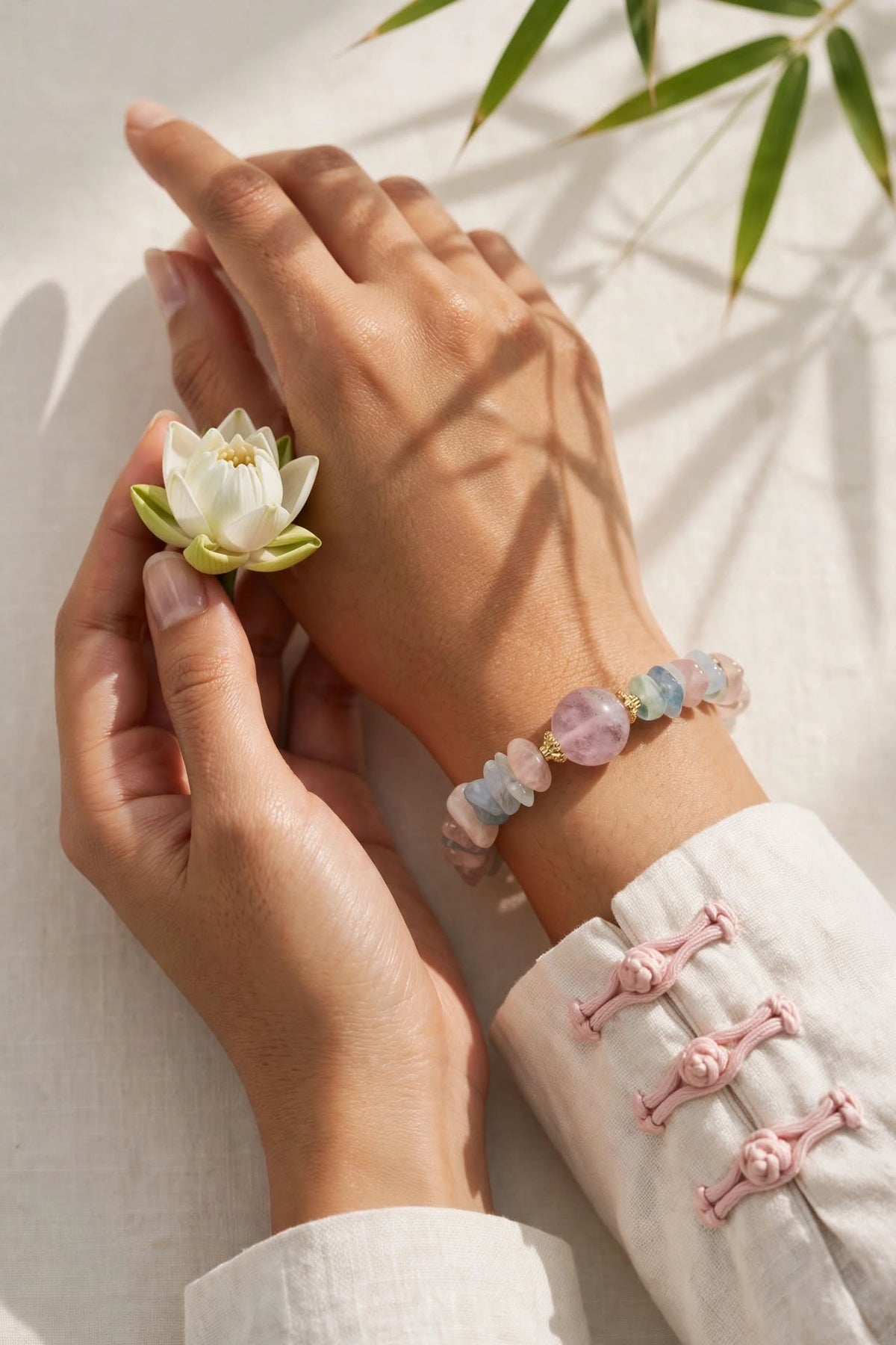 Natural Morganite Chunky Chip Bracelet with Lavender Quartz Focal Bead