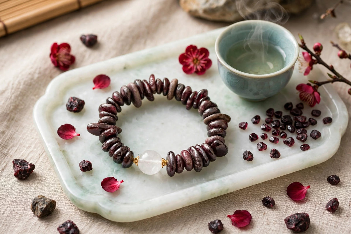Natural Garnet Chunky Chip Bracelet with Clear Quartz Focal Bead
