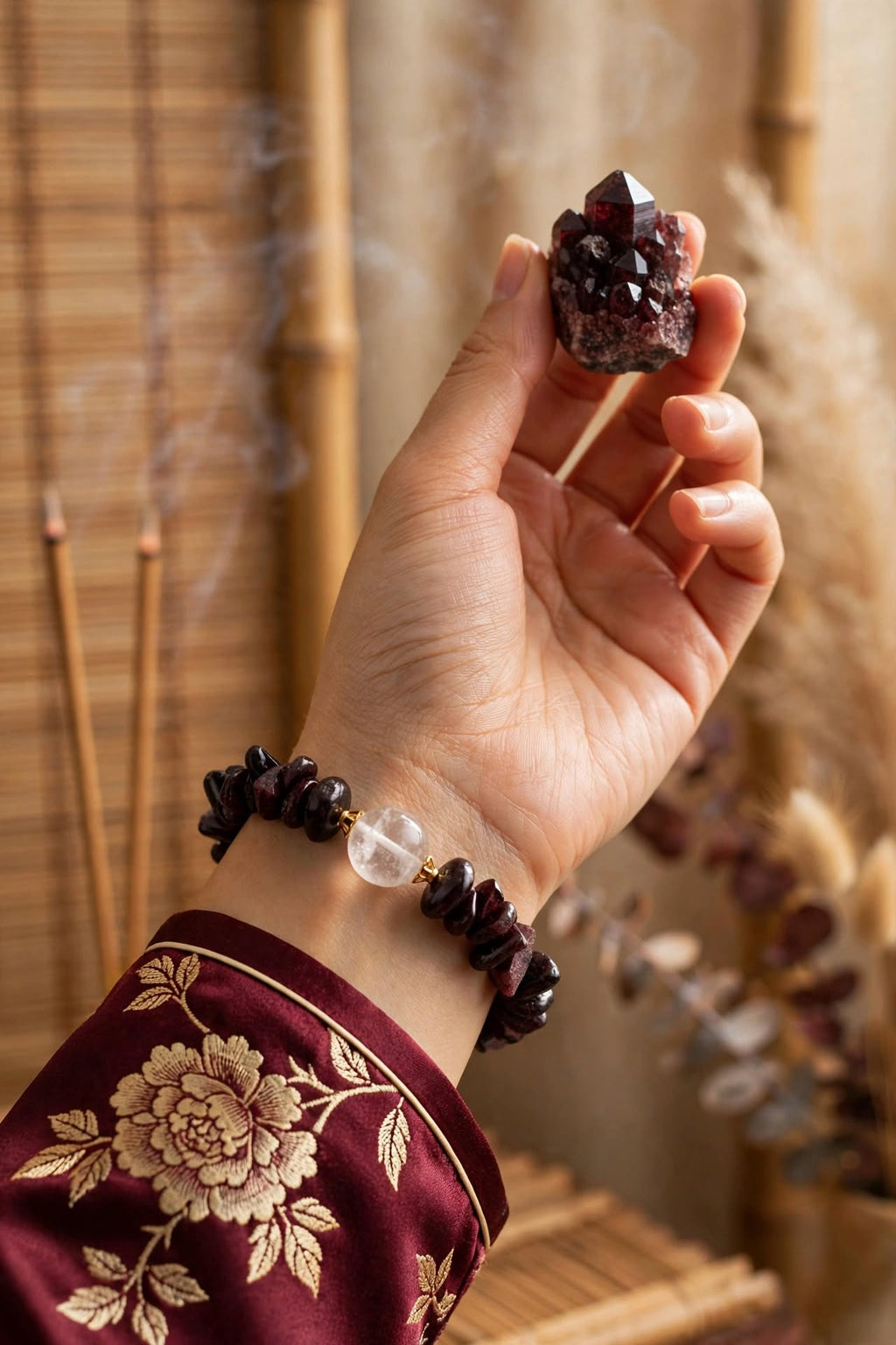 Natural Garnet Chunky Chip Bracelet with Clear Quartz Focal Bead