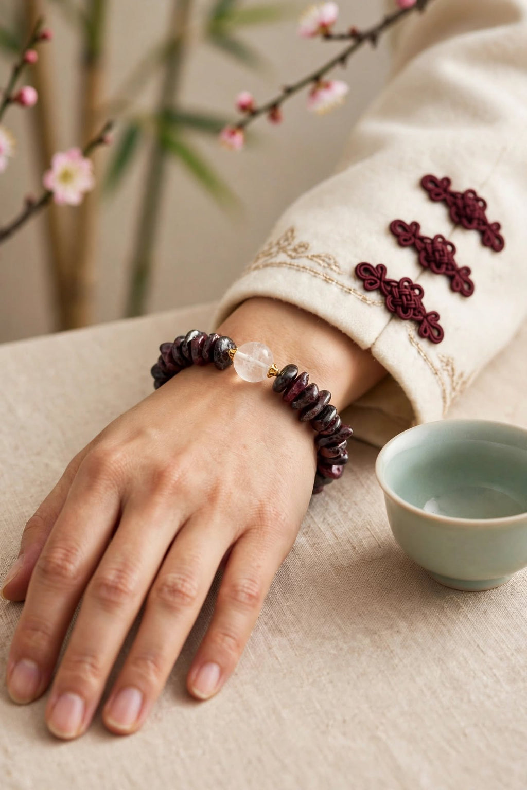 Natural Garnet Chunky Chip Bracelet with Clear Quartz Focal Bead