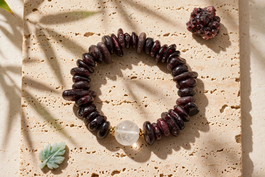 Natural Garnet Chunky Chip Bracelet with Clear Quartz Focal Bead