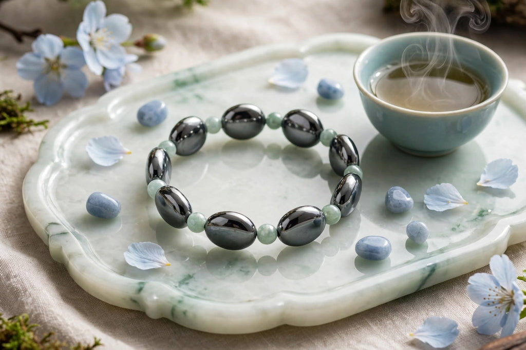 Terahertz Pebble Plate & Light Water Jadeite Beaded Bracelet