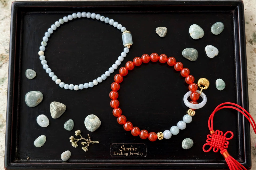 Sardonyx & Blue Water Jadeite 2-Piece Stacking Bracelet Set