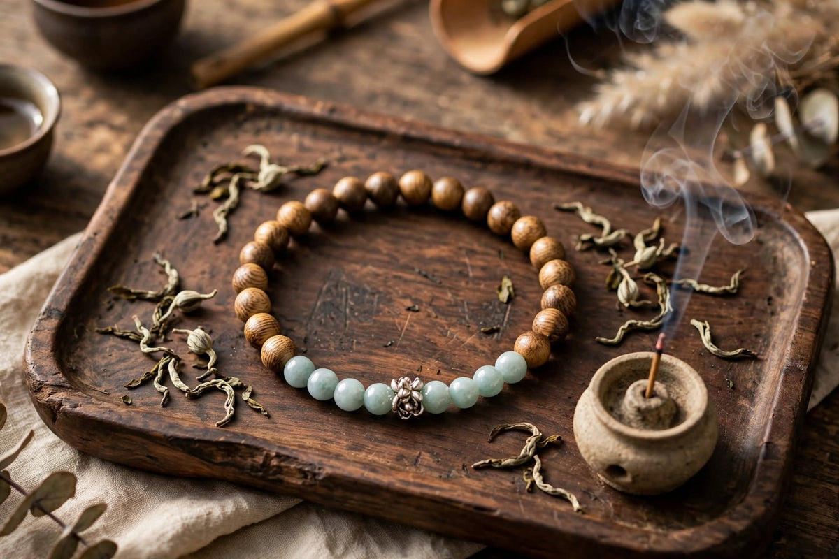 Natural Agarwood & Blue Water Jadeite Bracelet with Vintage Flower Focal Accent