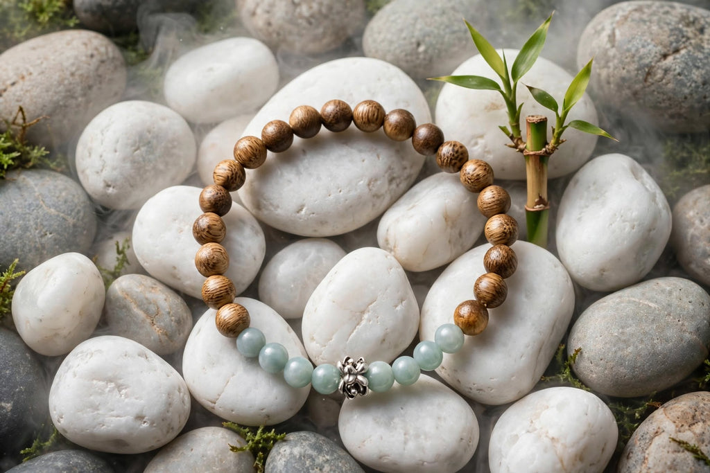 Natural Agarwood & Blue Water Jadeite Bracelet with Vintage Flower Focal Accent