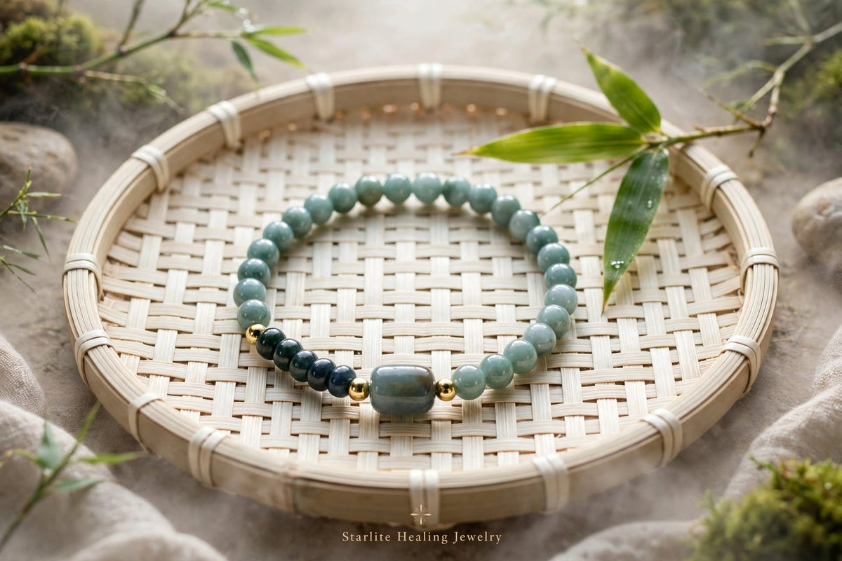 Natural Blue Water & Dark Green Jadeite Barrel Bead Bracelet