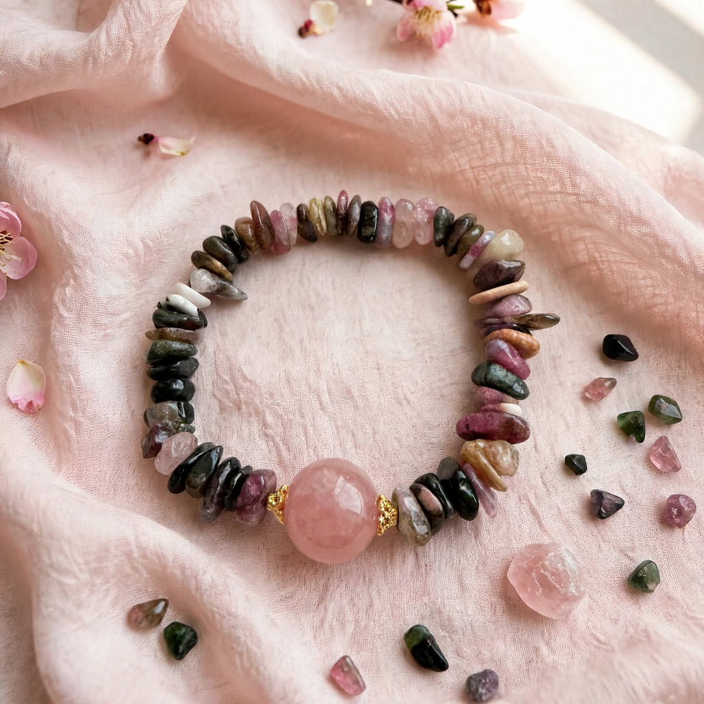 Natural Multi-Tourmaline Chunky Chip Bracelet with Strawberry Quartz Focal Bead