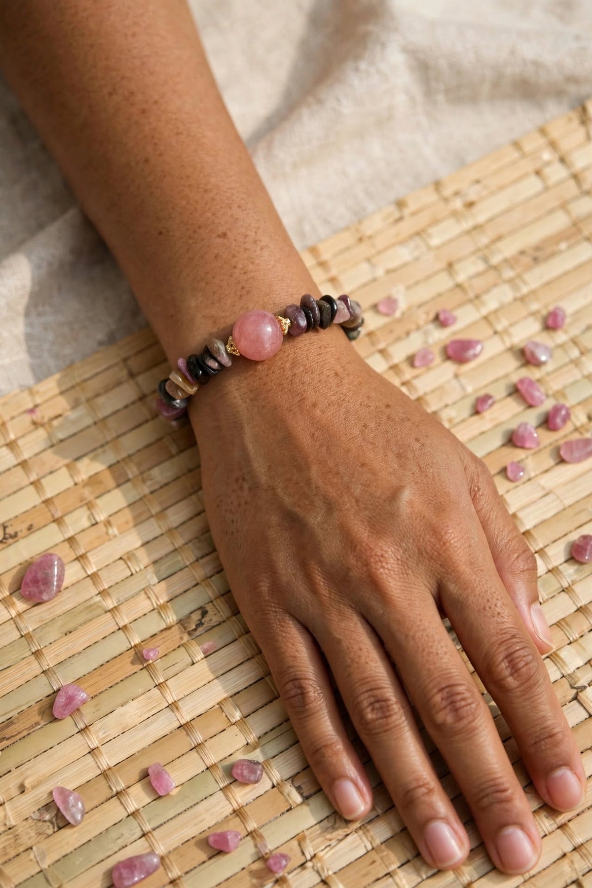 Natural Multi-Tourmaline Chunky Chip Bracelet with Strawberry Quartz Focal Bead